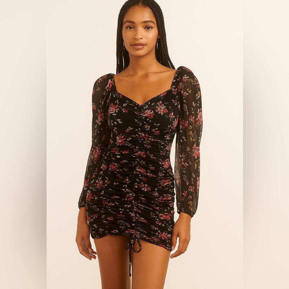 KENEDIK PowerMesh Ruched Floral Dress Black/Berry Size Medium NWT